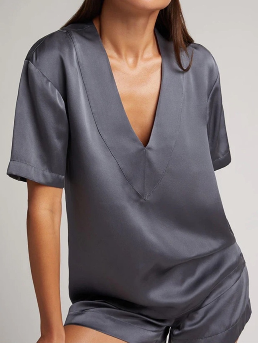 Negative Eclipse Washable 100% Silk Deep V Top Graphite Charcoal Grey Medium